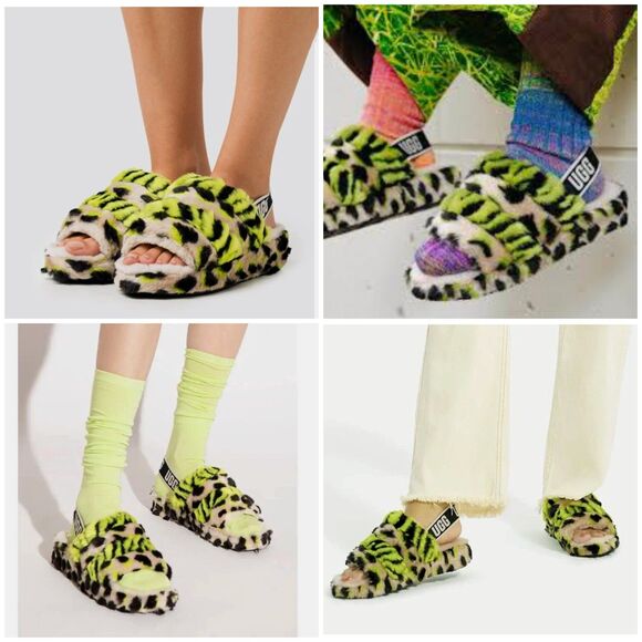 UGG Fluff Yeah Animalia Slippers Women 8 Neon Green Black Leopard Sandals Grunge - Picture 4 of 15